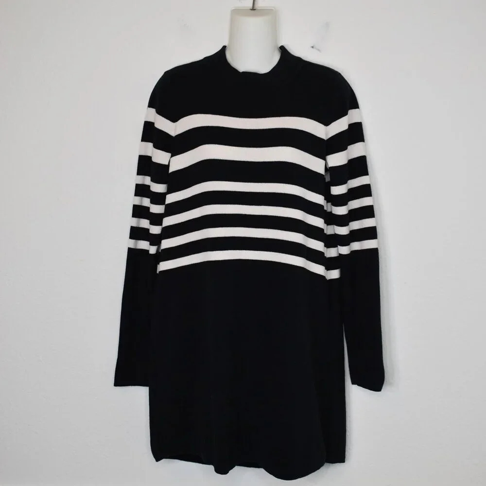Free People Striped Sweater Dress Sz M Mock 100% Cotton Neutral Minimalist Peppy
